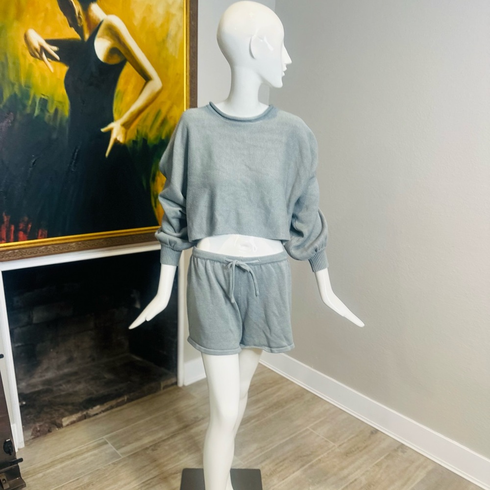 2 Piece Outfit Sweater Knit Top Shorts Lounge Set